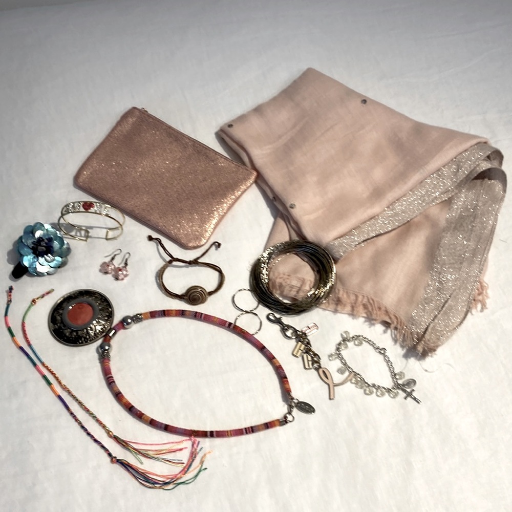 Bundle of jewelry bracelets necklace key chain earring cosmetic pouch shawl
